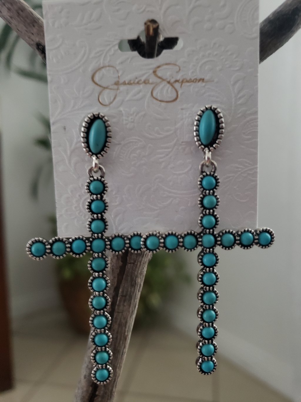 Jessica Simpson Turquoise Beaded Cross Drop Earrings Silver Tone 20$